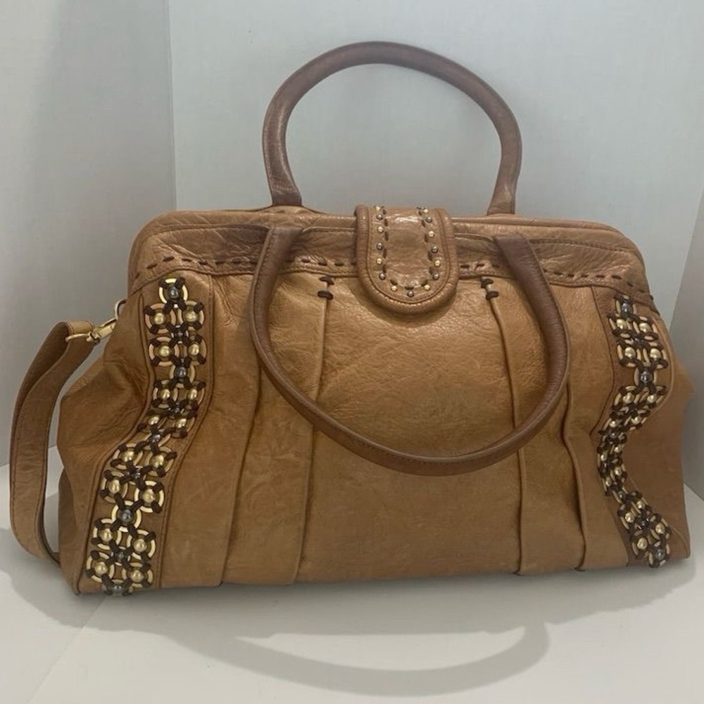 Isabella Fiore Leather Satchel Handbag Studded Boho Y2K Purse Beaded Bag - Picture 7 of 16